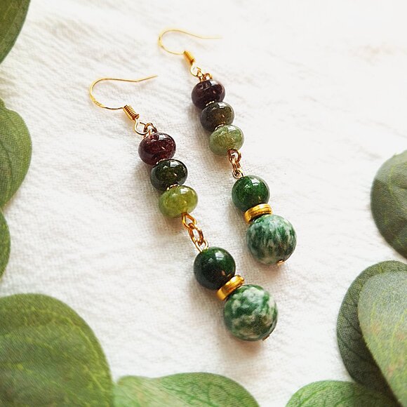 Tourmaline Crystal Earrings, Earthy Whimsigoth Earrings, Cottagecore Herbalist - Picture 1 of 8